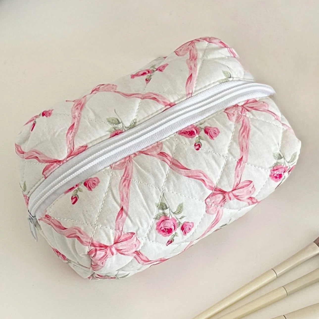 Coquette Floral Puffy Quilted Makeup Bag