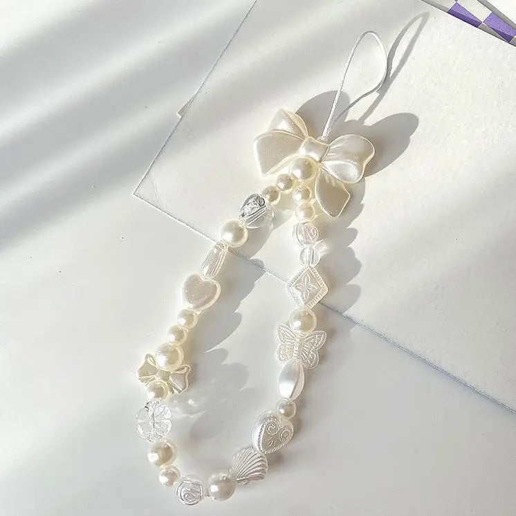 Coquette Sweet White Bow Beaded Phone Charm Lanyard