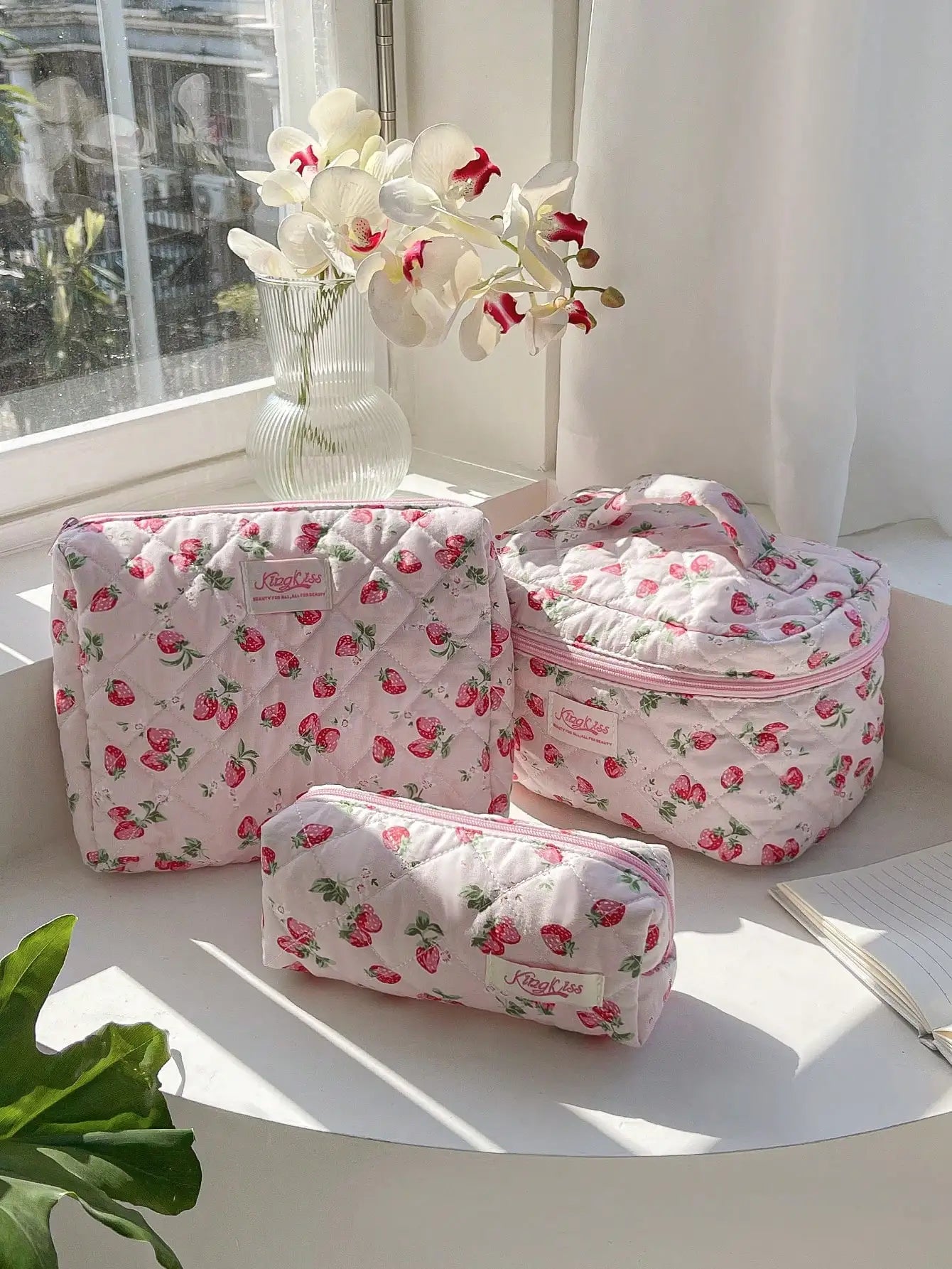 Coquette Pink Strawberry Quilted Makeup Bag
