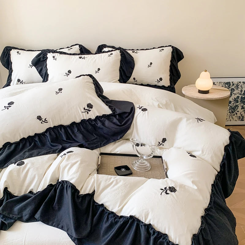 Coquette Twinkle Rose Embroidered Lace Bedding Set