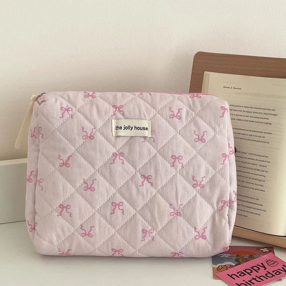 Coquette Pink Bowknot Quilted Cosmetic Bag