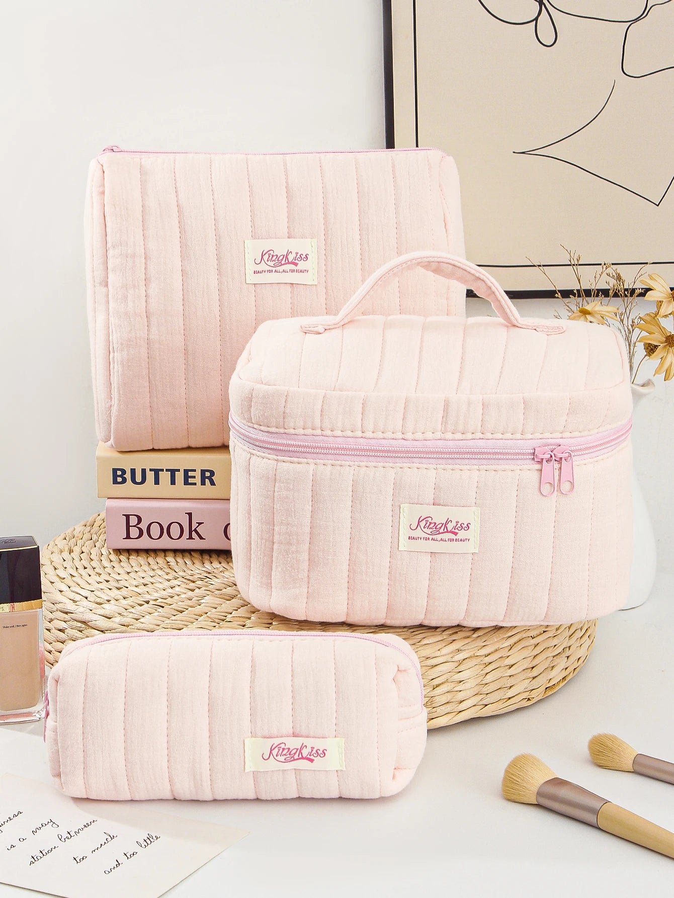 1pc/Set Pink Quilted Makeup Bag