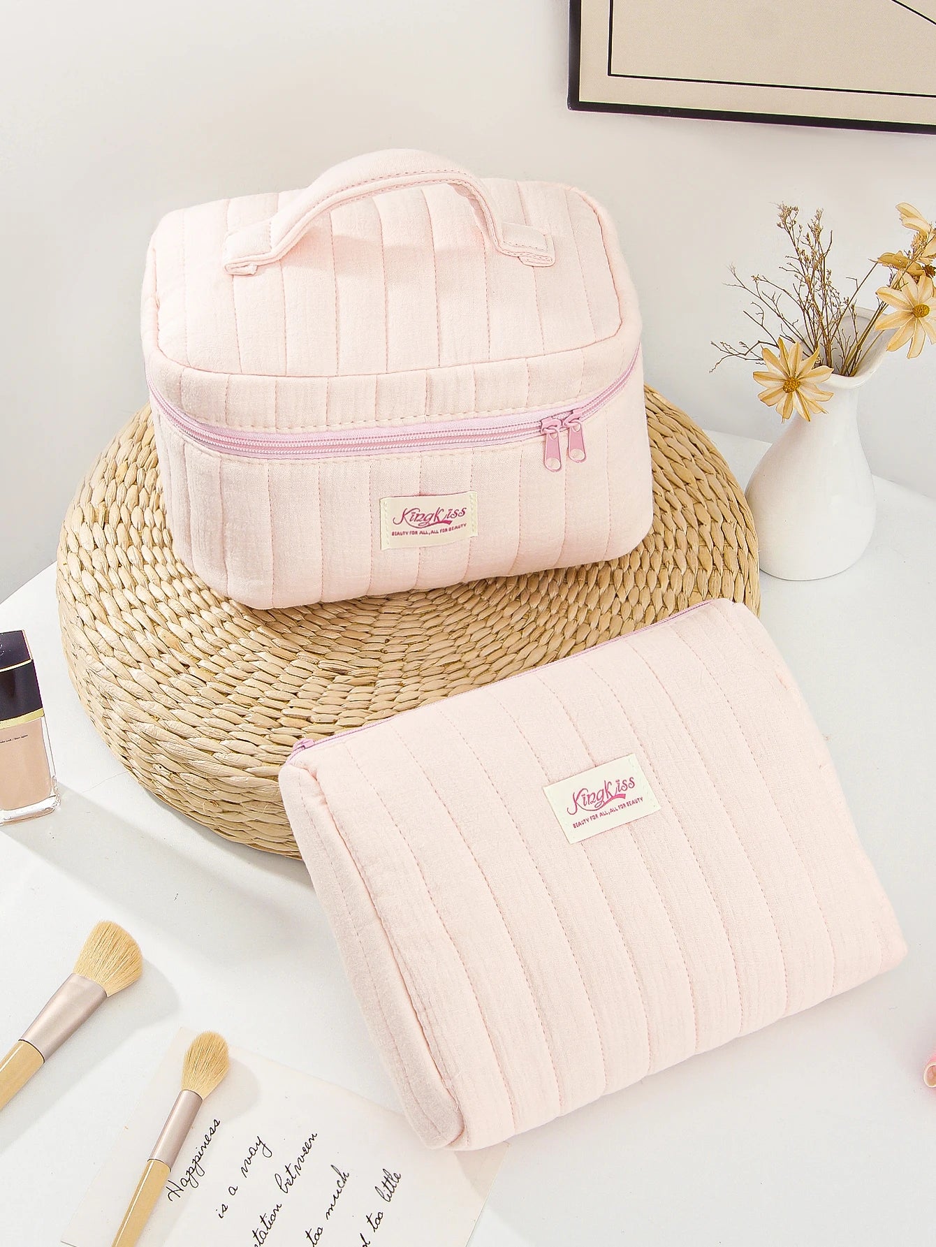 1pc/Set Pink Quilted Makeup Bag