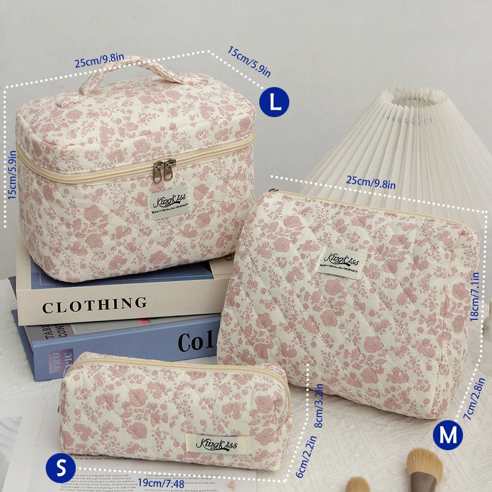 Cute Quilted Cotton Makeup Bag - Portable Zipper Cosmetic Organizer for Women and Girls