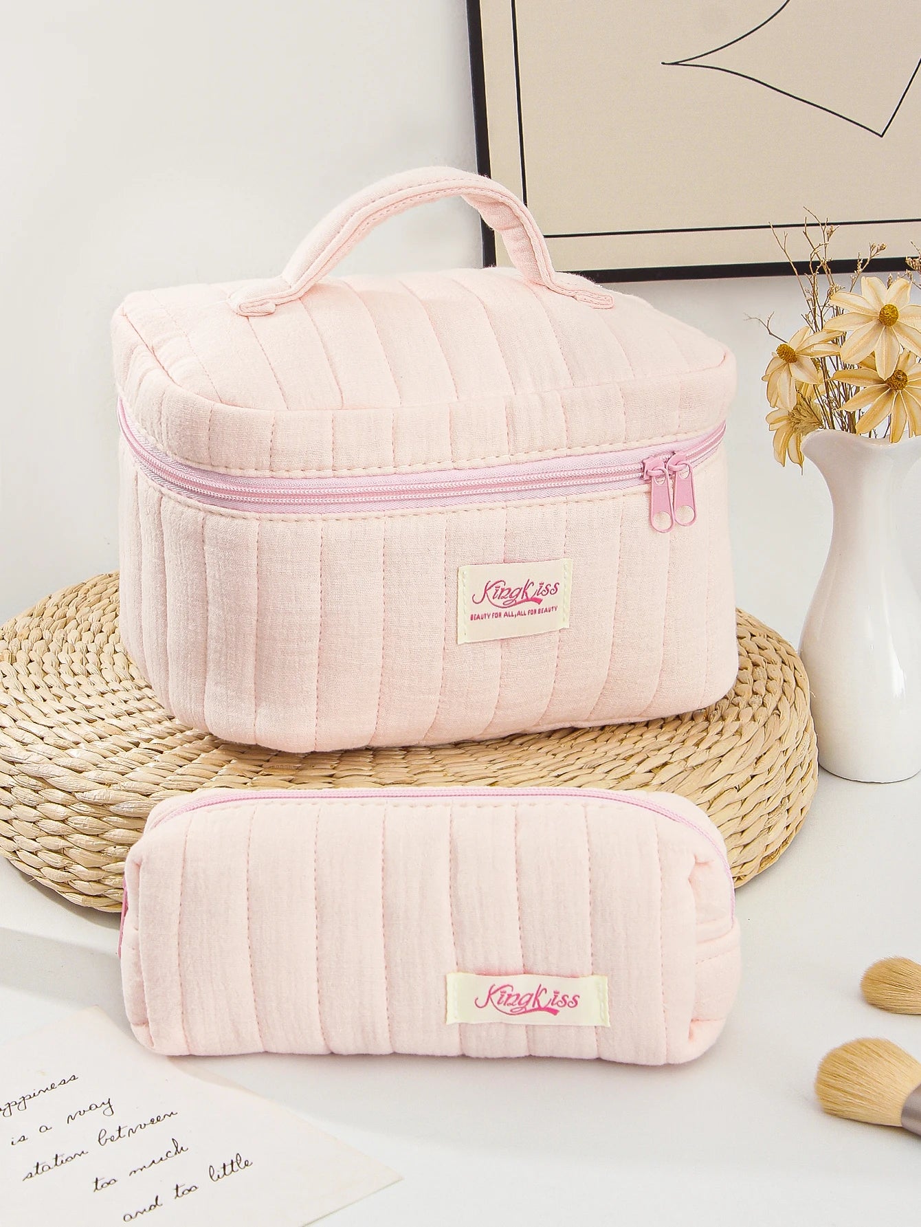 1pc/Set Pink Quilted Makeup Bag