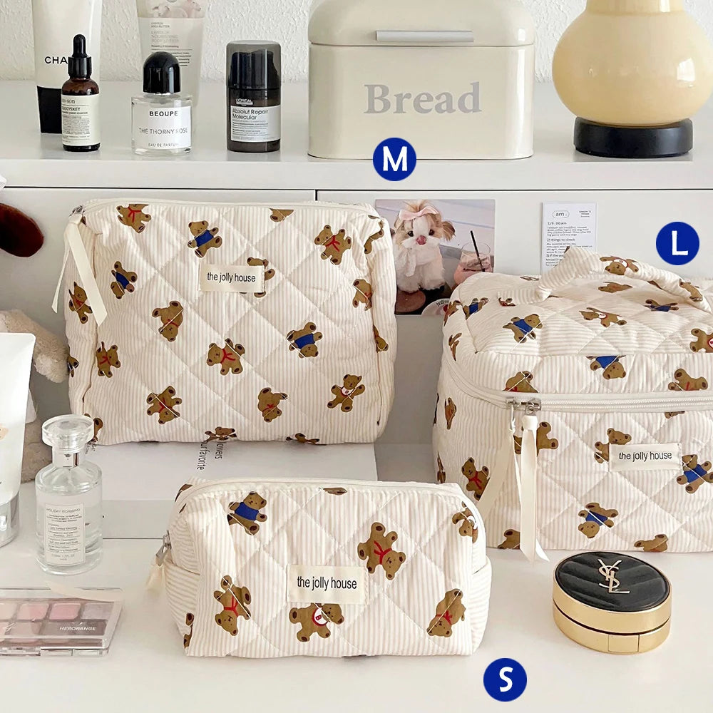 Cute Quilted Cotton Makeup Bag - Portable Zipper Cosmetic Organizer for Women and Girls