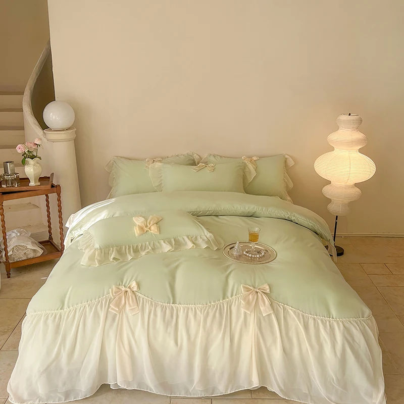 Coquette Blue Ruffle Lace Bow Bedding Set
