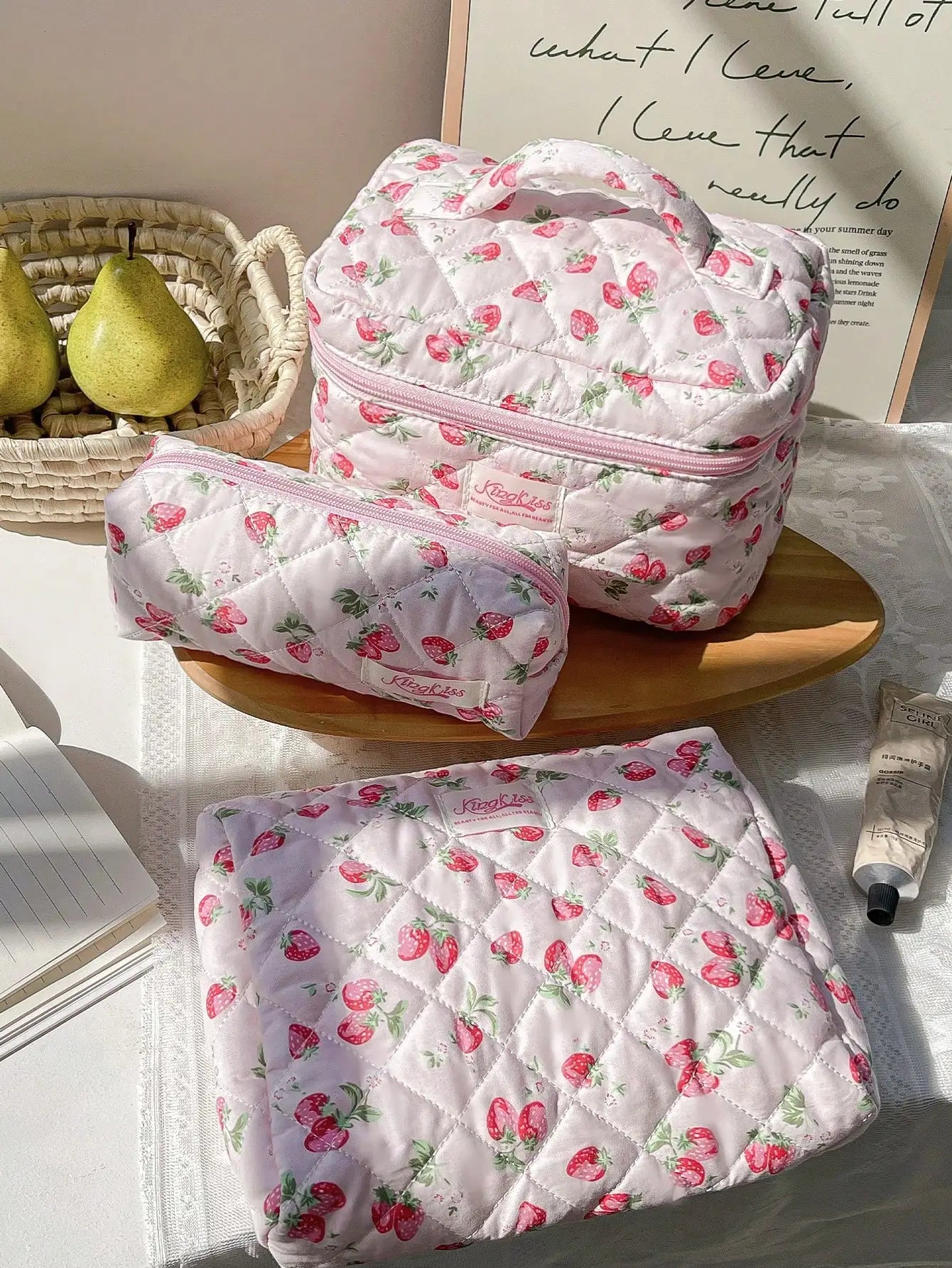 Coquette Pink Strawberry Quilted Makeup Bag
