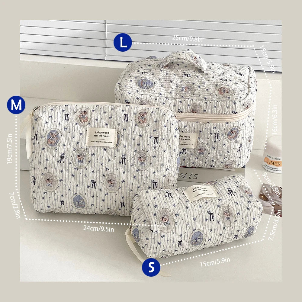 Cute Quilted Cotton Makeup Bag - Portable Zipper Cosmetic Organizer for Women and Girls