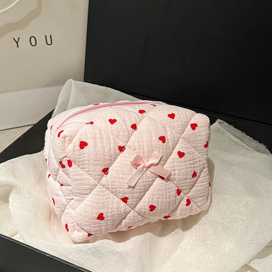 Quilted Cotton Cosmetic Bag with Floral Embroidery