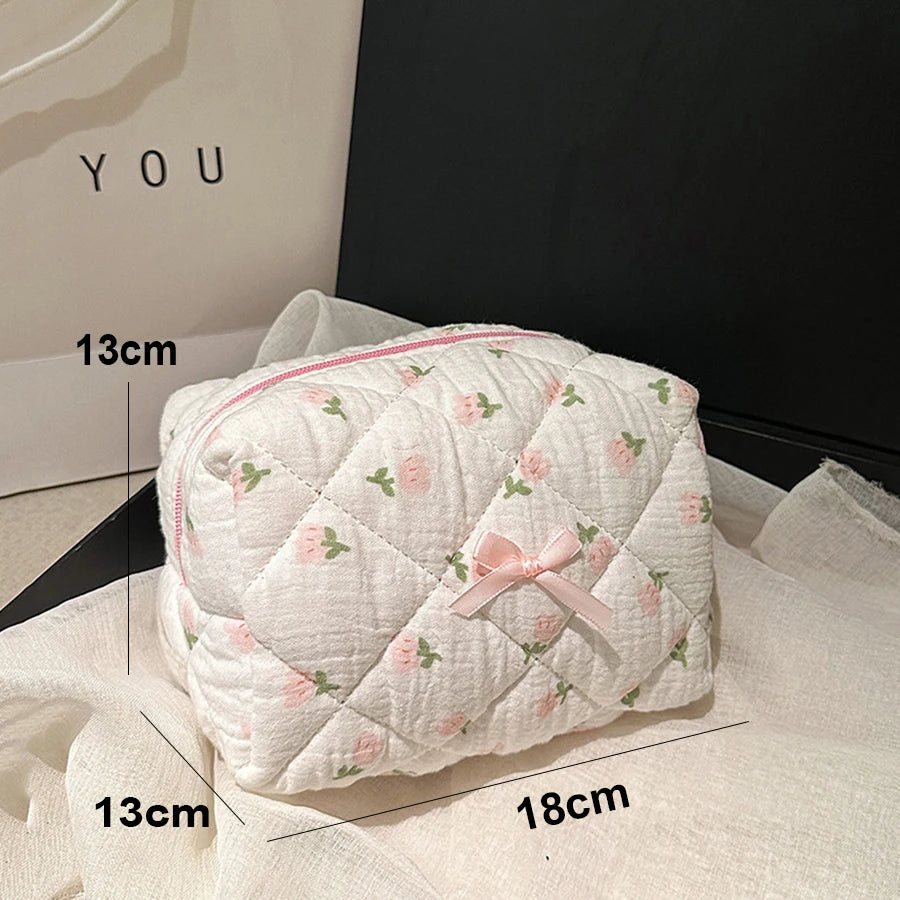 Quilted Cotton Cosmetic Bag with Floral Embroidery