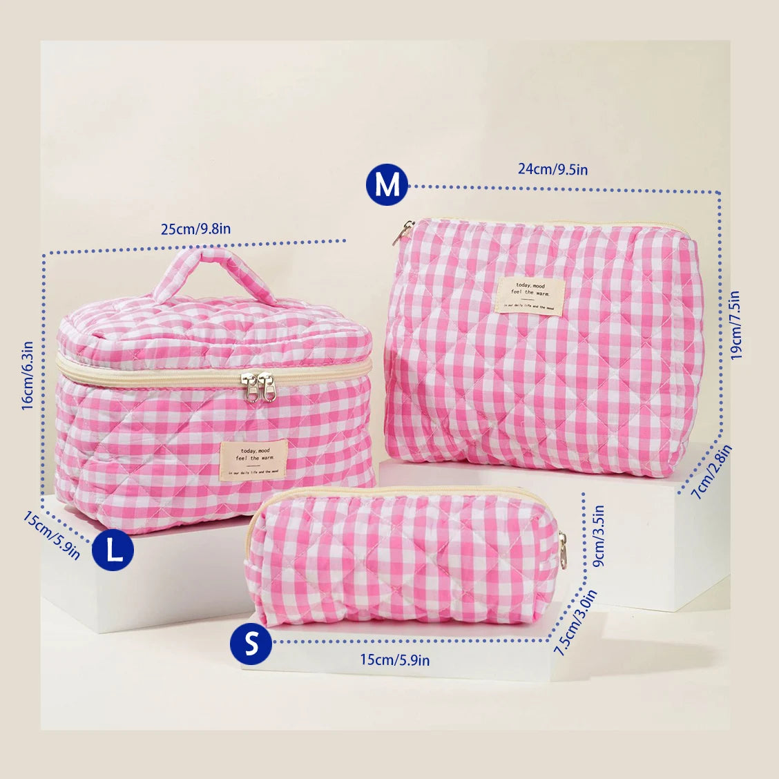 Cute Quilted Cotton Makeup Bag - Portable Zipper Cosmetic Organizer for Women and Girls