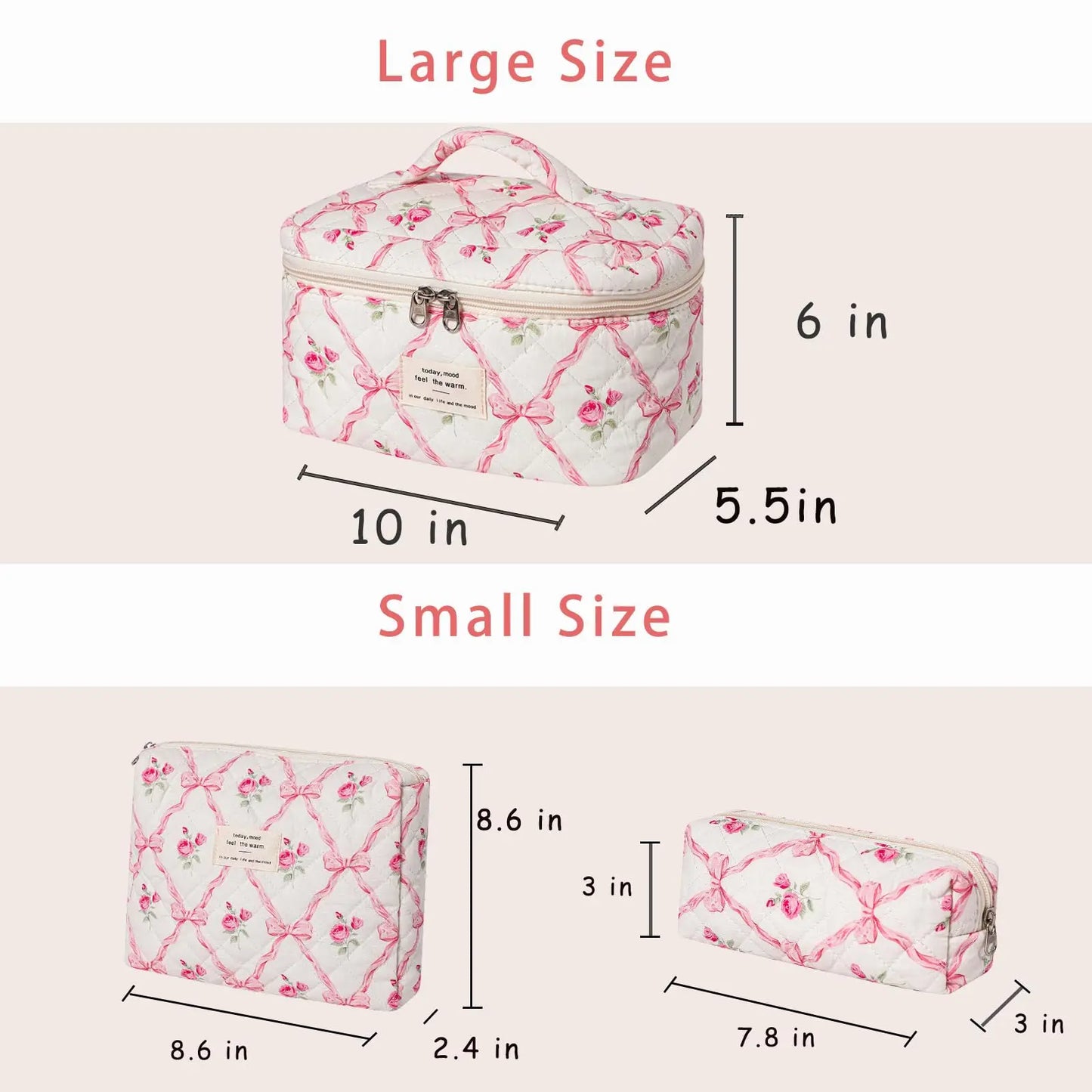 Cute Quilted Cotton Makeup Bag - Portable Zipper Cosmetic Organizer for Women and Girls