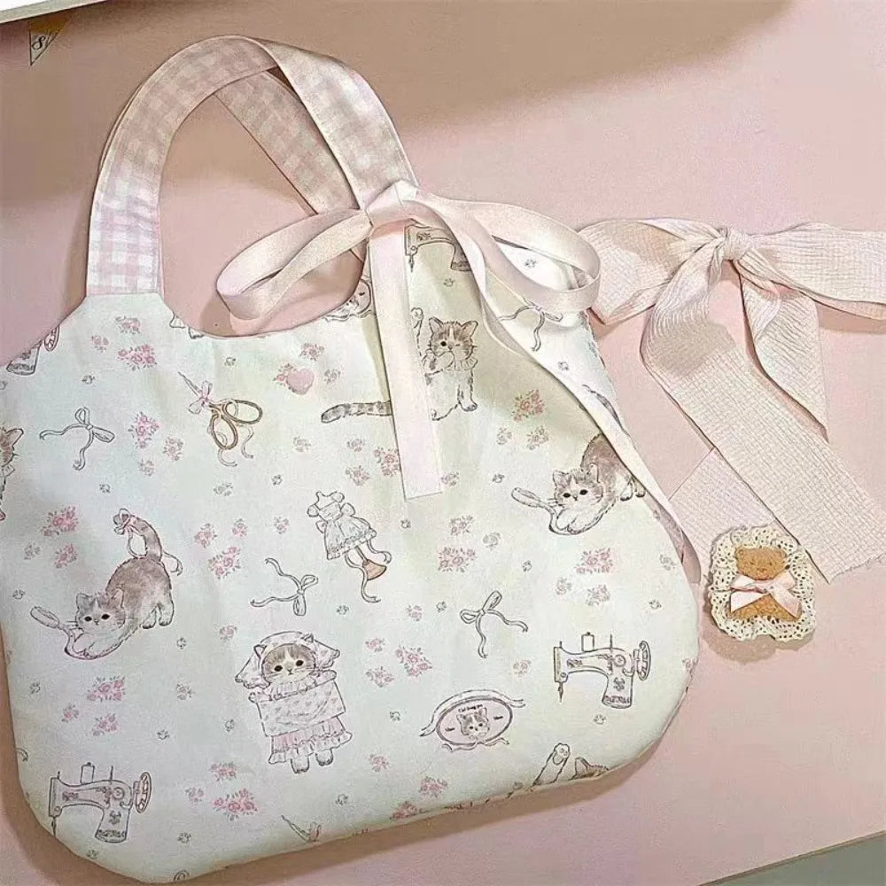 Charming Little Cat Print Canvas Tote Bag for Women
