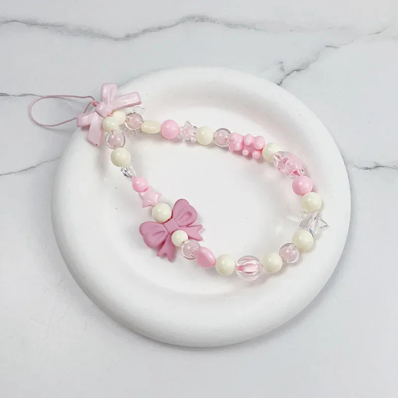 Coquette Pink Bowknot Beaded Phone Strap Set