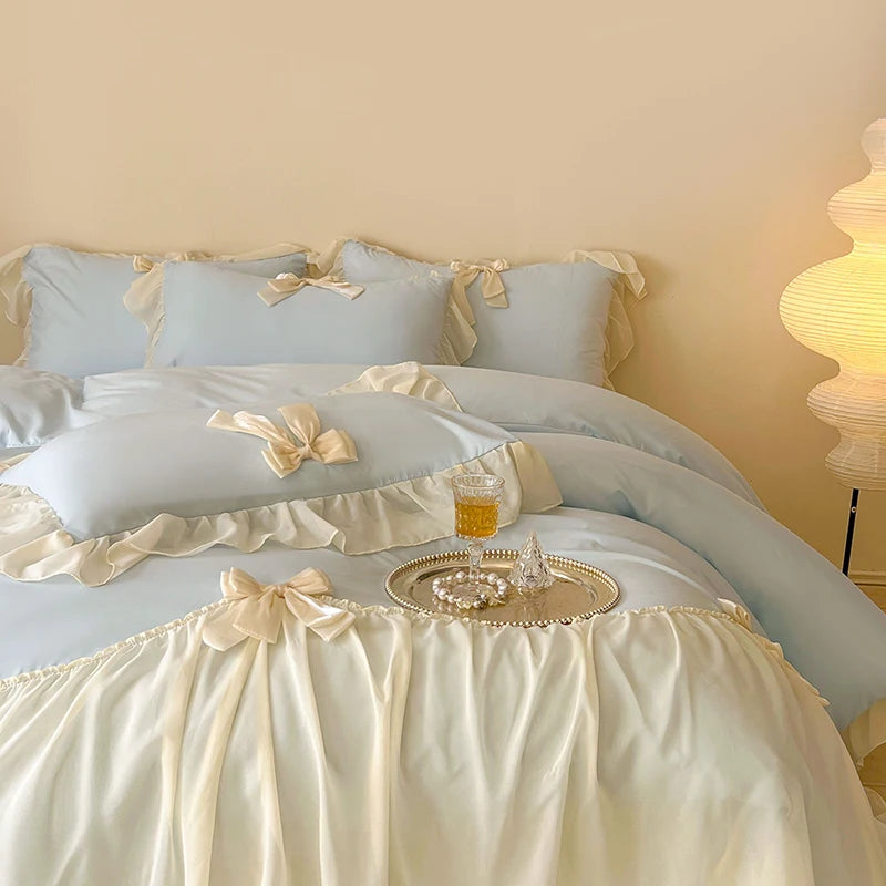 Coquette Blue Ruffle Lace Bow Bedding Set