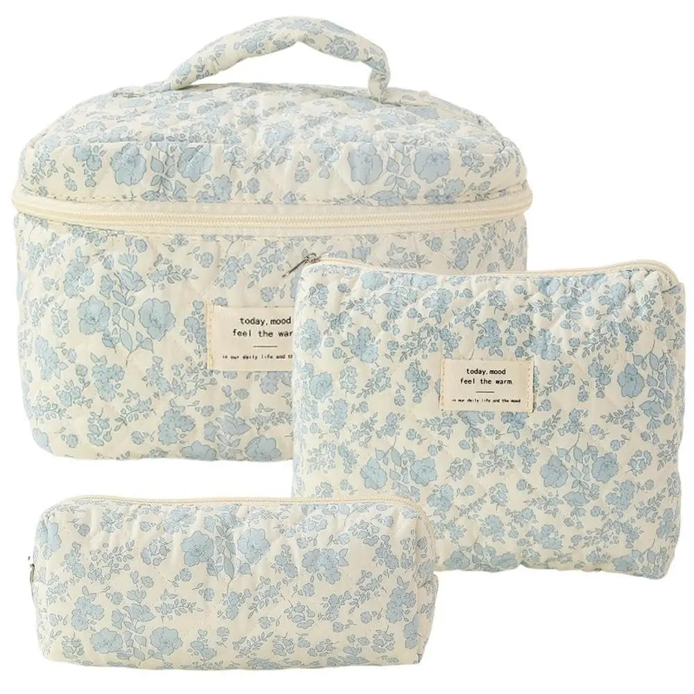 Cute Quilted Cotton Makeup Bag - Portable Zipper Cosmetic Organizer for Women and Girls