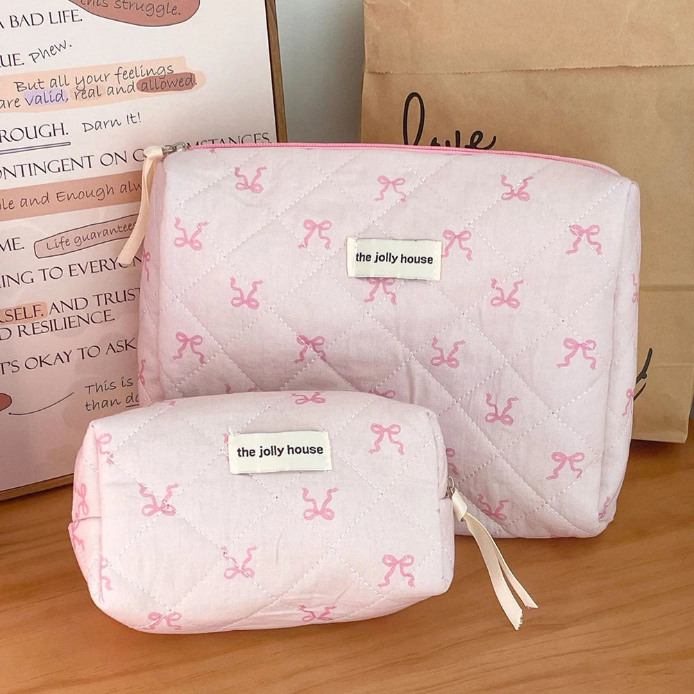 Coquette Pink Bowknot Quilted Cosmetic Bag