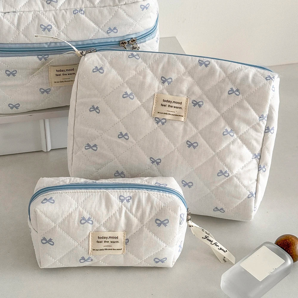 Fashion Blue Bow Quilted Women Cosmetic Bag