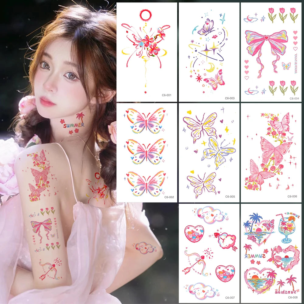 Cute Whimsical Heart and Bow Temporary Tattoo Set