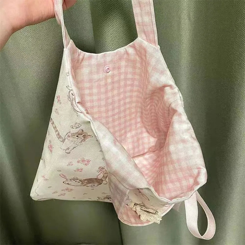 Charming Little Cat Print Canvas Tote Bag for Women