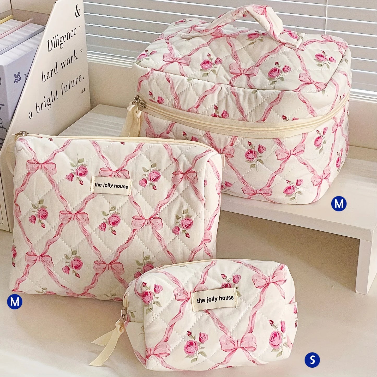 Cute Quilted Cotton Makeup Bag - Portable Zipper Cosmetic Organizer for Women and Girls