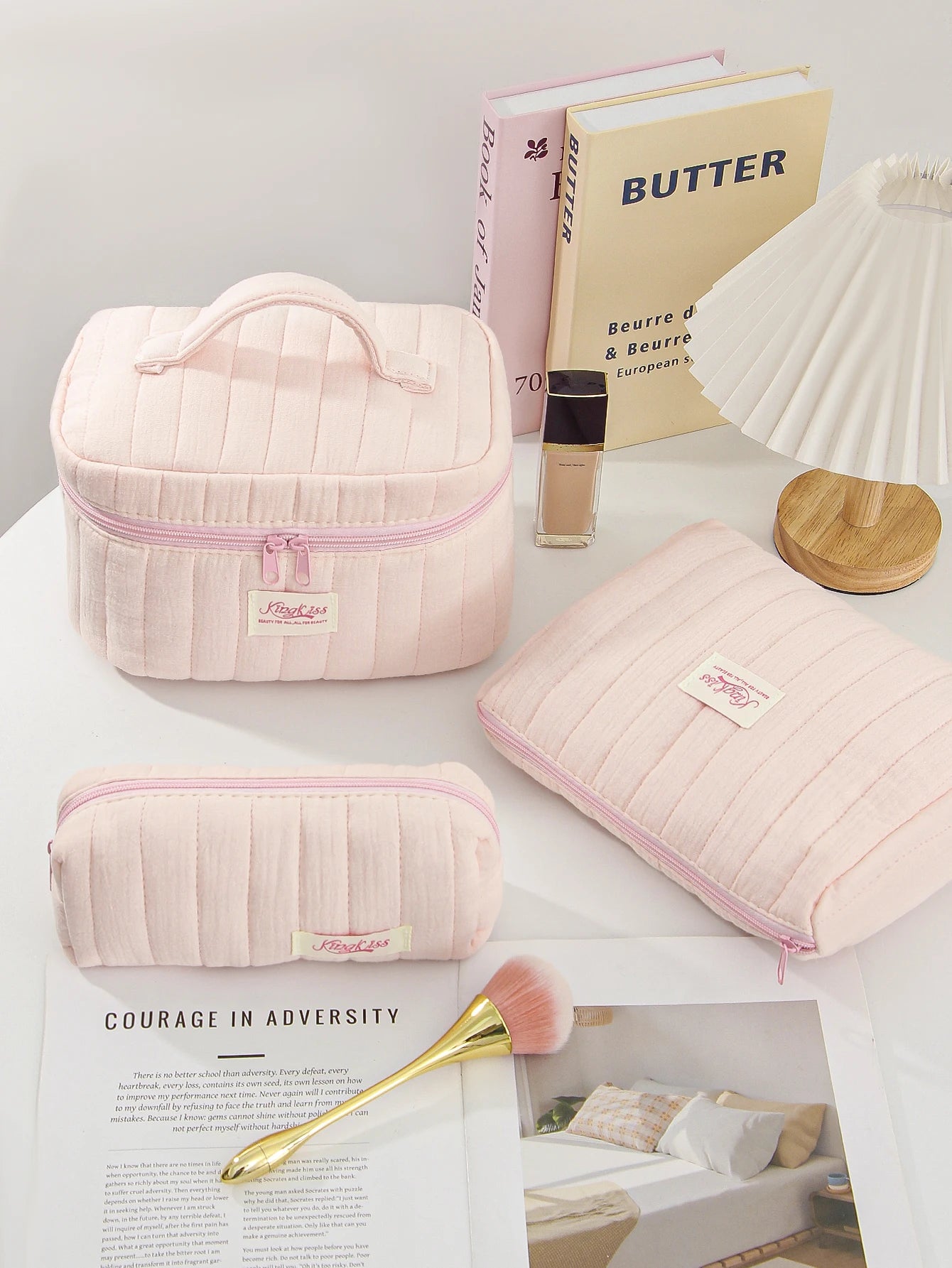1pc/Set Pink Quilted Makeup Bag