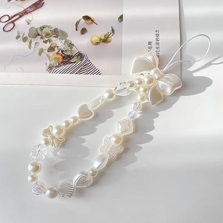 Coquette Sweet White Bow Beaded Phone Charm Lanyard
