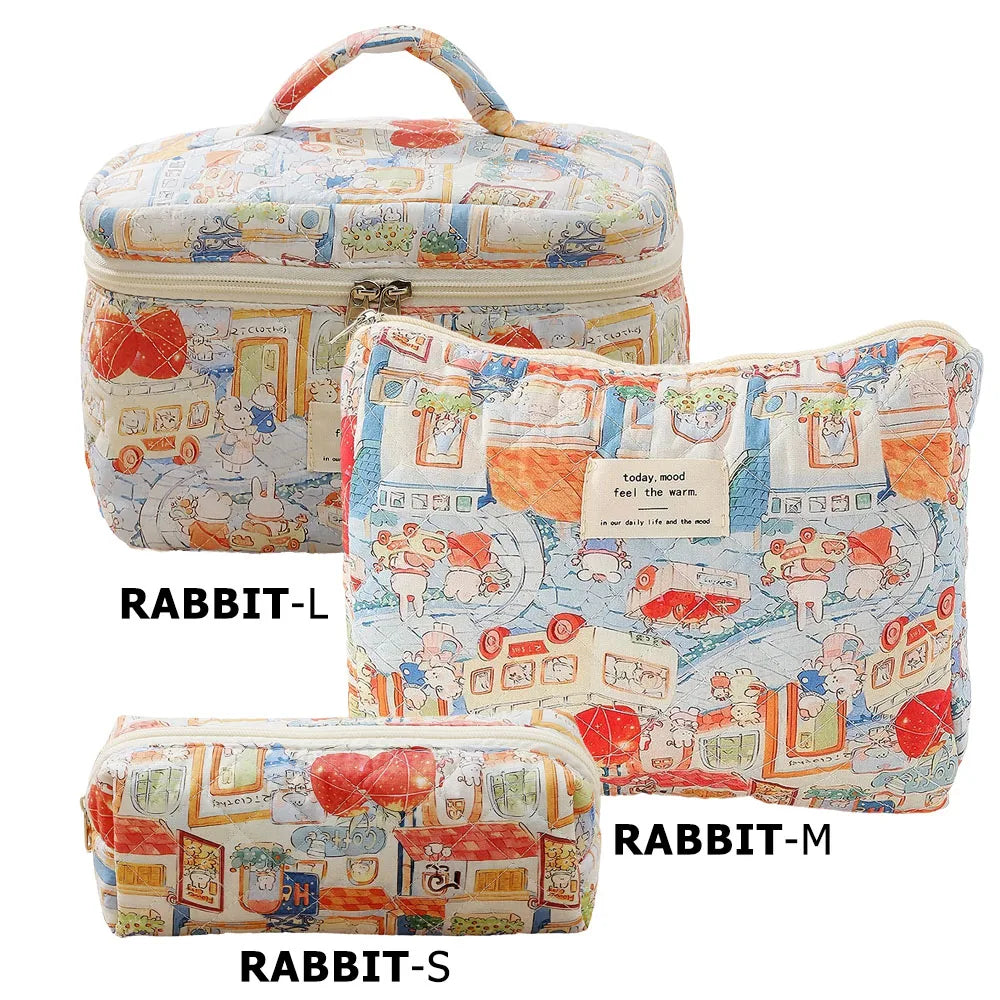 Cute Quilted Cotton Makeup Bag - Portable Zipper Cosmetic Organizer for Women and Girls