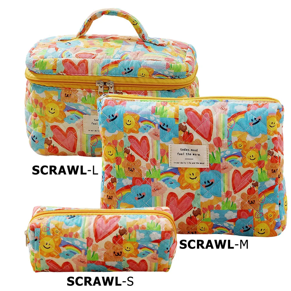 Cute Quilted Cotton Makeup Bag - Portable Zipper Cosmetic Organizer for Women and Girls