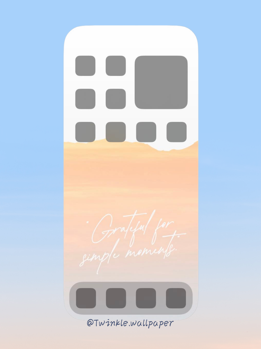 A calming pastel wallpaper with a gradient of soft blue and warm peach, featuring the text "Grateful for Simple Moments." This minimalist design enhances any device with a serene and inspirational touch.