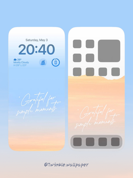 A calming pastel wallpaper with a gradient of soft blue and warm peach, featuring the text "Grateful for Simple Moments." This minimalist design enhances any device with a serene and inspirational touch.