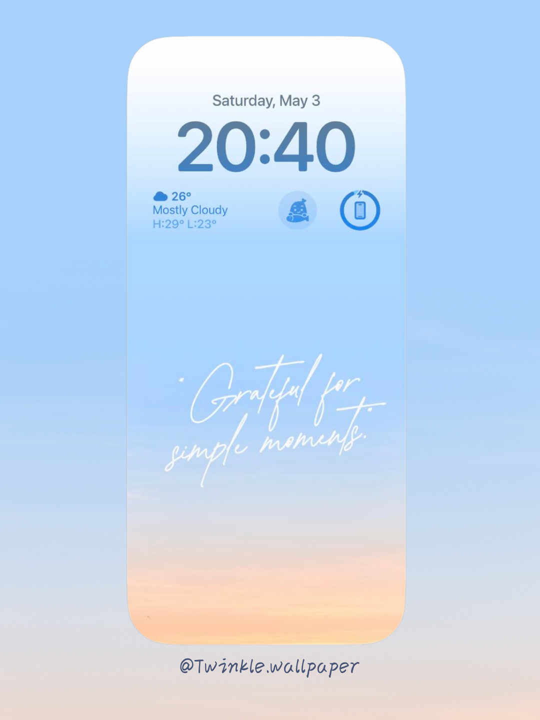 A calming pastel wallpaper with a gradient of soft blue and warm peach, featuring the text "Grateful for Simple Moments." This minimalist design enhances any device with a serene and inspirational touch.