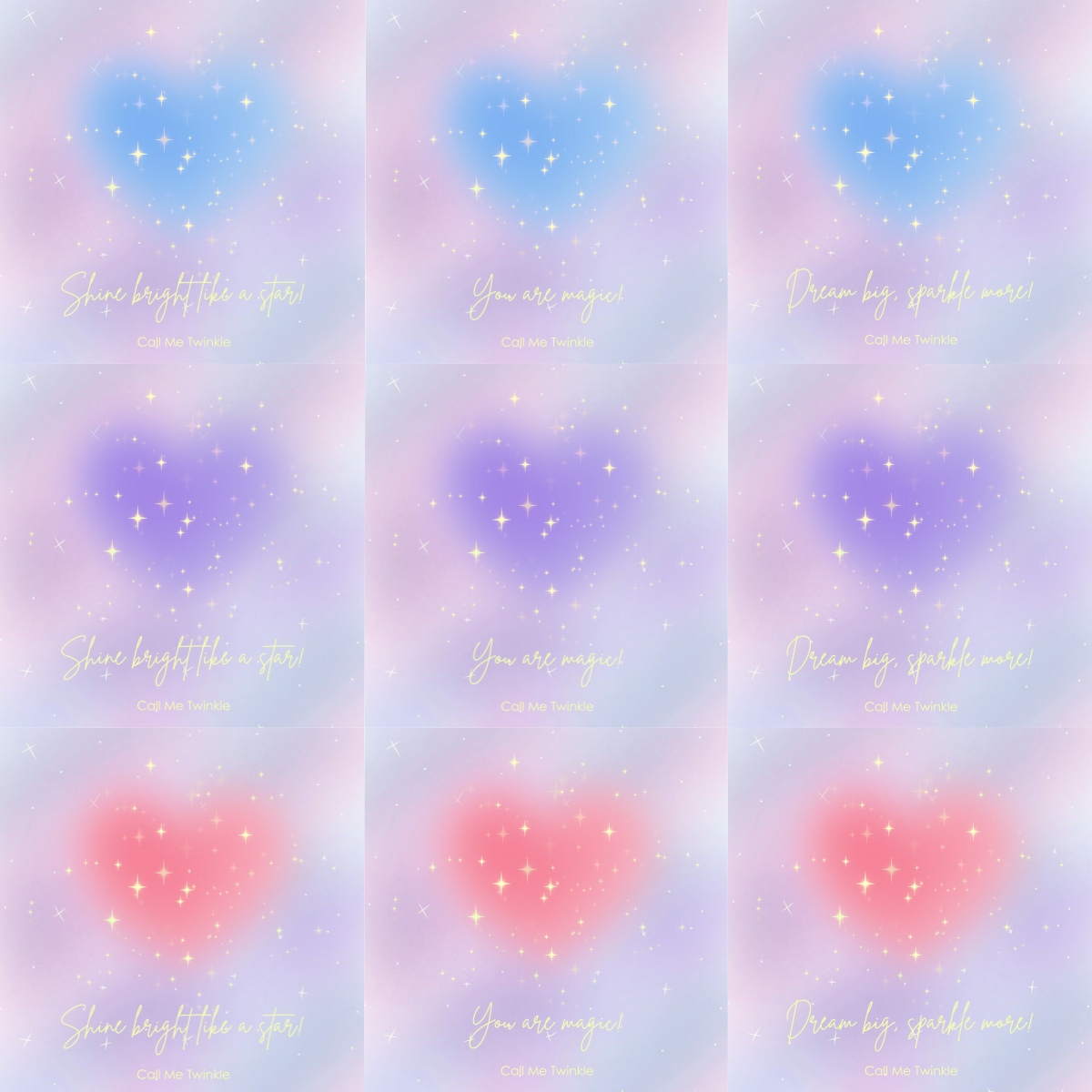 A captivating set of 9 vibrant pink aesthetic aura wallpapers featuring dreamy gradients and uplifting phrases like "Shine bright like a star!" and "You are magical!" Each design is adorned with sparkling stars and soft hues, perfect for adding a whimsical coquette flair to your device.