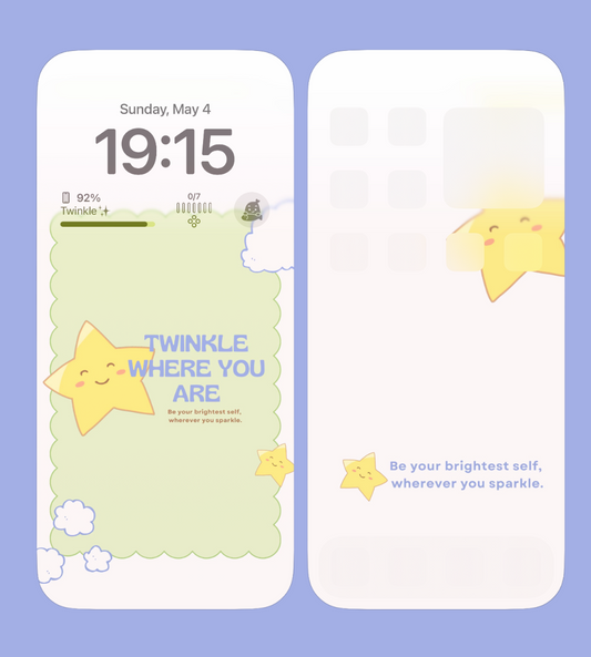A cute pastel wallpaper featuring a smiling star and fluffy clouds with the text "TWINKLE WHERE YOU ARE" and "Be your brightest self, wherever you sparkle." The design combines playful, cheerful elements that create an encouraging and whimsical atmosphere, perfect for adding a bright touch to any device.