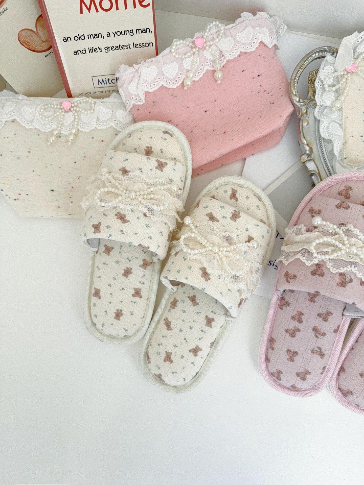 Coquette Teddy and Pearly Lace Bows Slippers