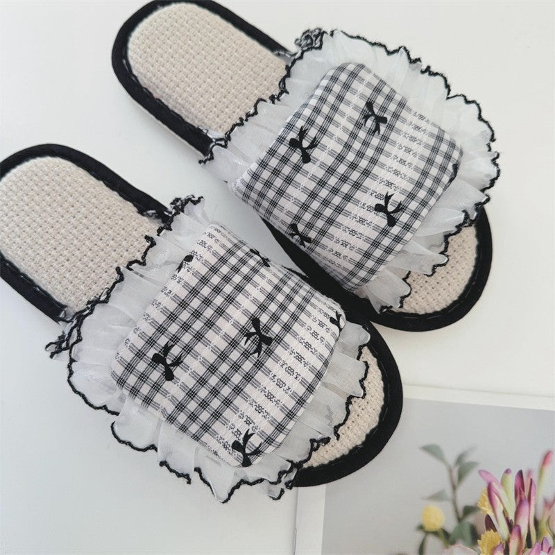 Dark Coquette Midnight Gingham Bow Slippers