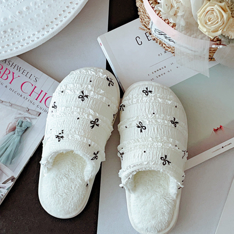 Coquette Ribbon Kisses on Cream Clouds Cotton Slippers