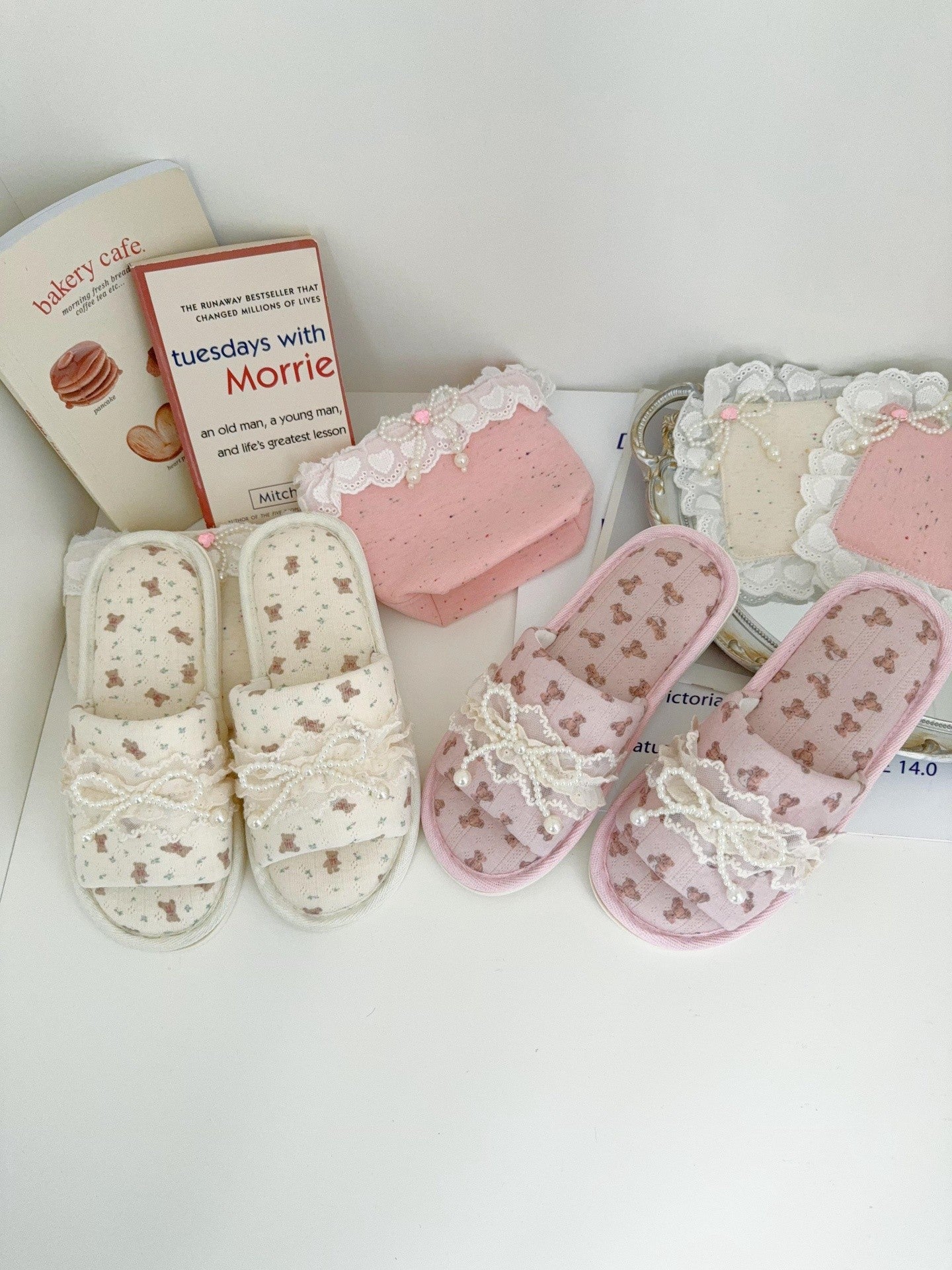 Coquette Teddy and Pearly Lace Bows Slippers