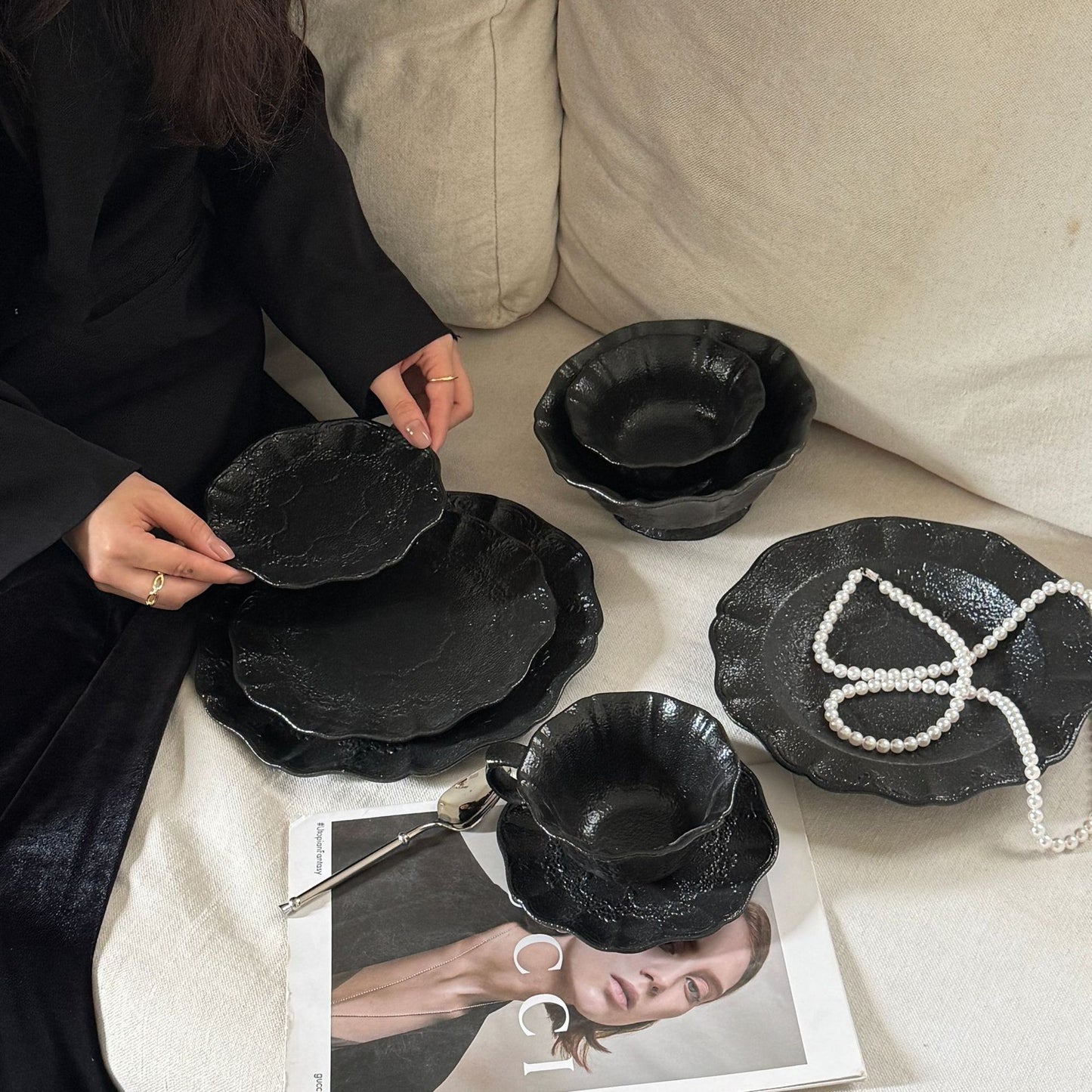 Dark Coquette Noir Ruffle Tableware Set