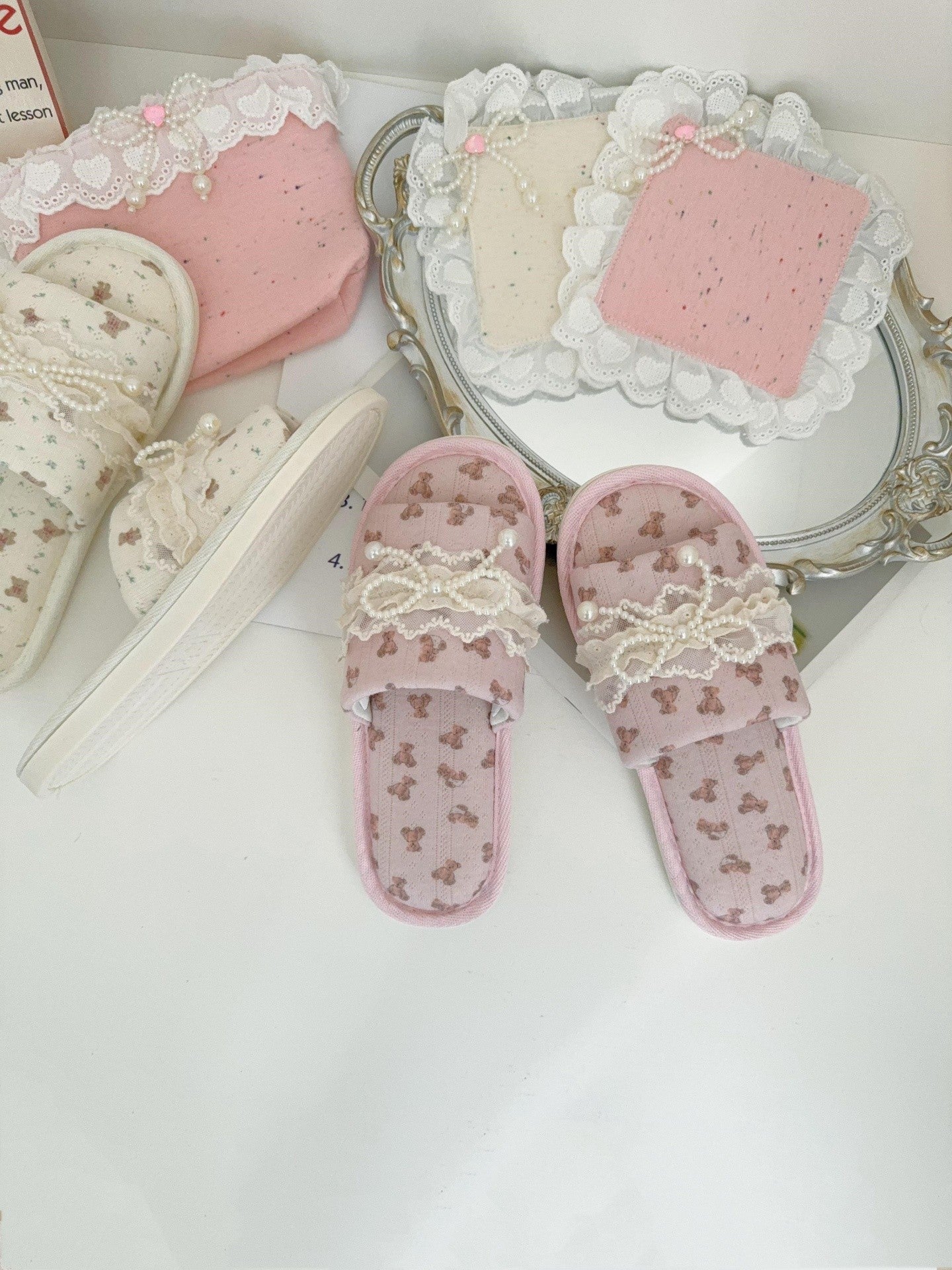 Coquette Teddy and Pearly Lace Bows Slippers
