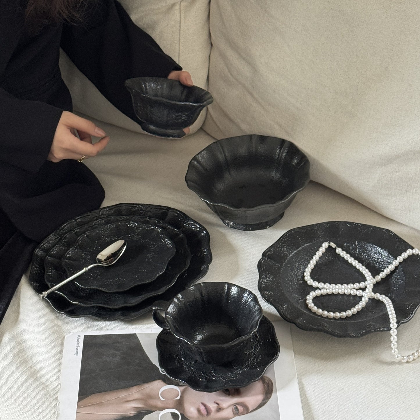 Dark Coquette Noir Ruffle Tableware Set