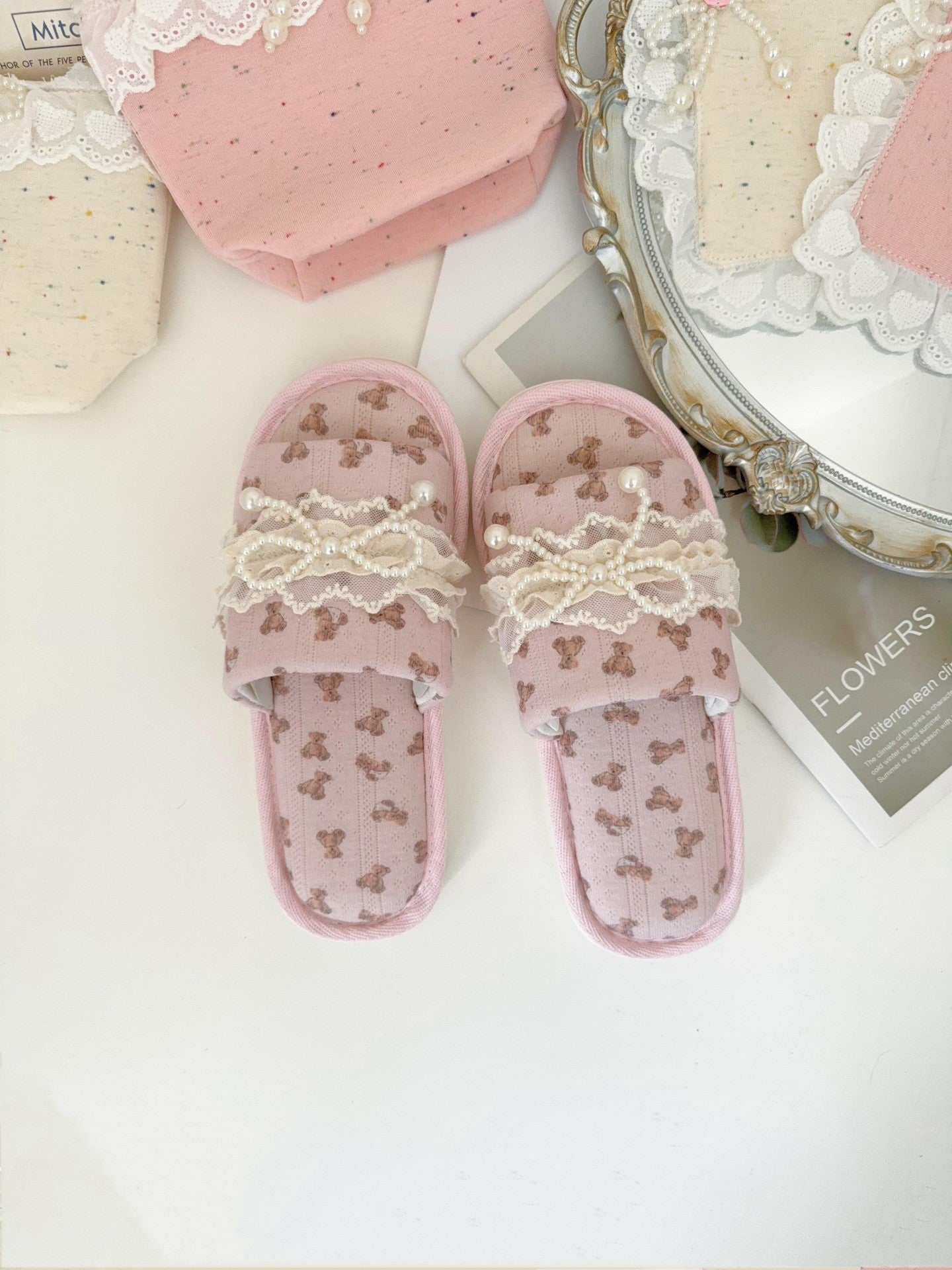 Coquette Teddy and Pearly Lace Bows Slippers