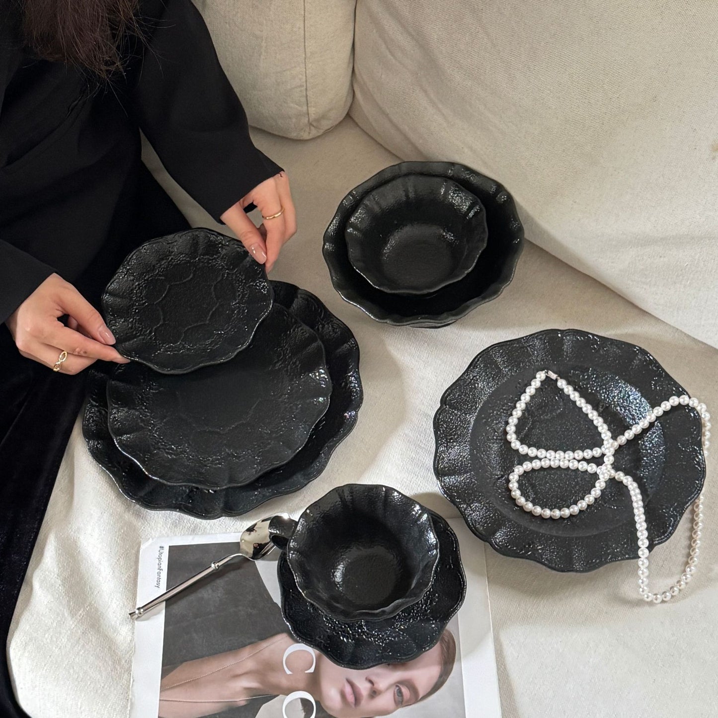 Dark Coquette Noir Ruffle Tableware Set