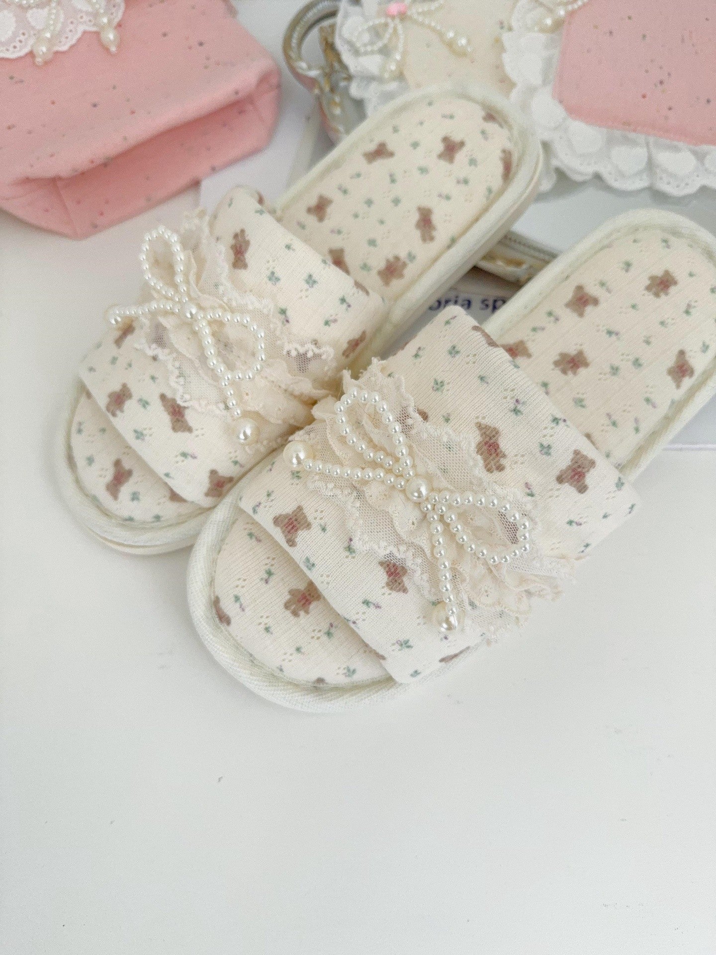 Coquette Teddy and Pearly Lace Bows Slippers