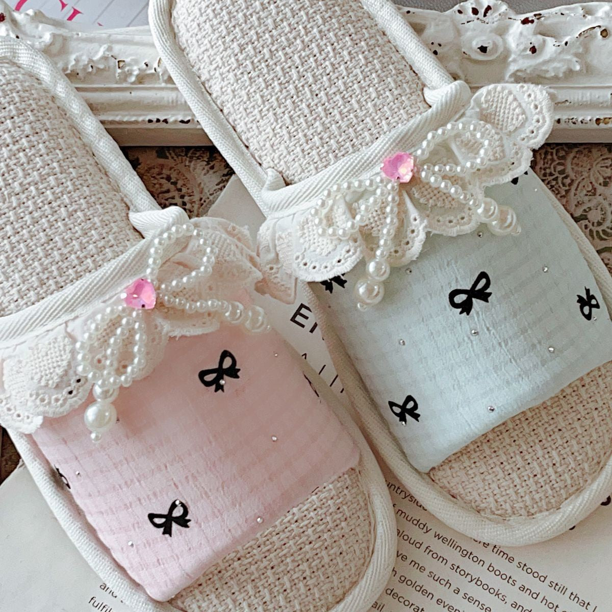 Coquette Pearls, Love, and Little Bows Slippers