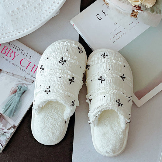 Coquette Ribbon Kisses on Cream Clouds Cotton Slippers