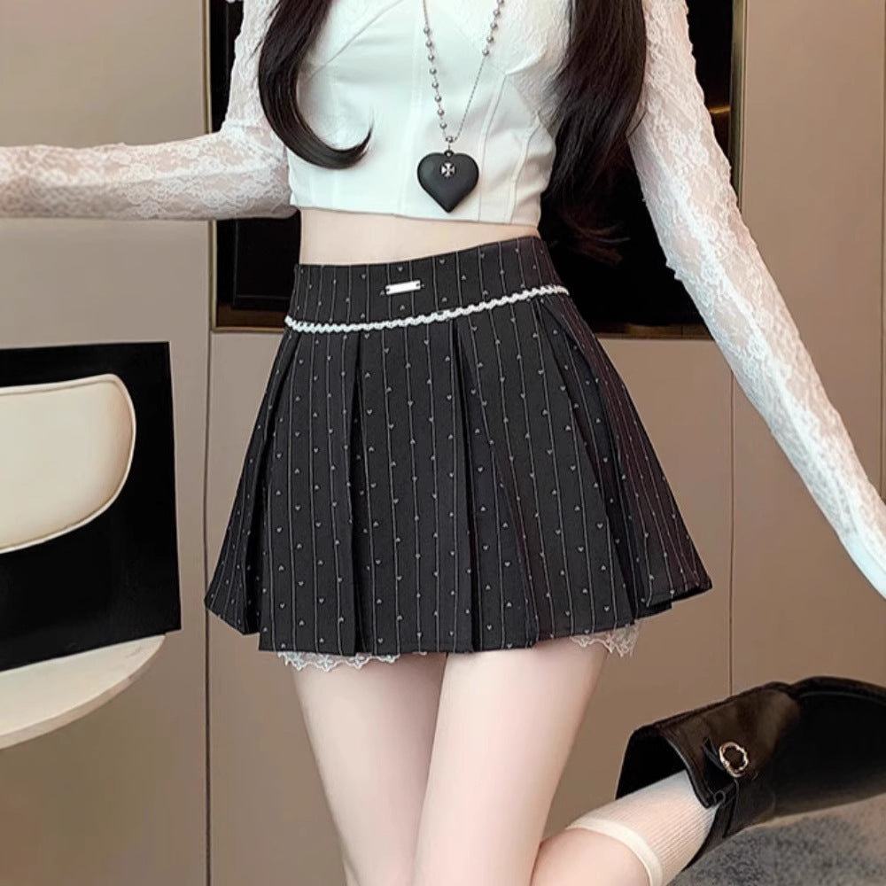 Lace Trim Polka Dot Pleated Mini Skirt