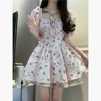Coquette Square Neck Puff Sleeve Floral Dress