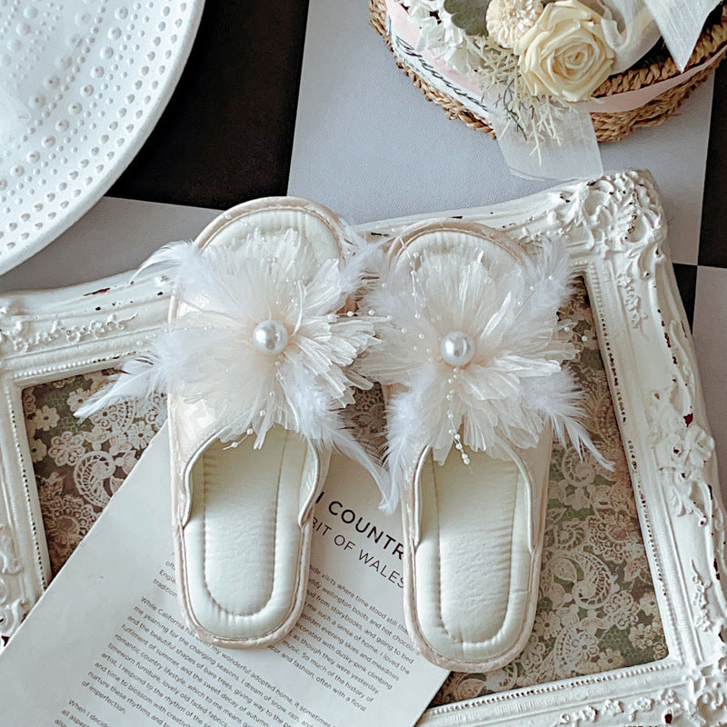 Coquette When Pearls Bloom on Feathers Slippers